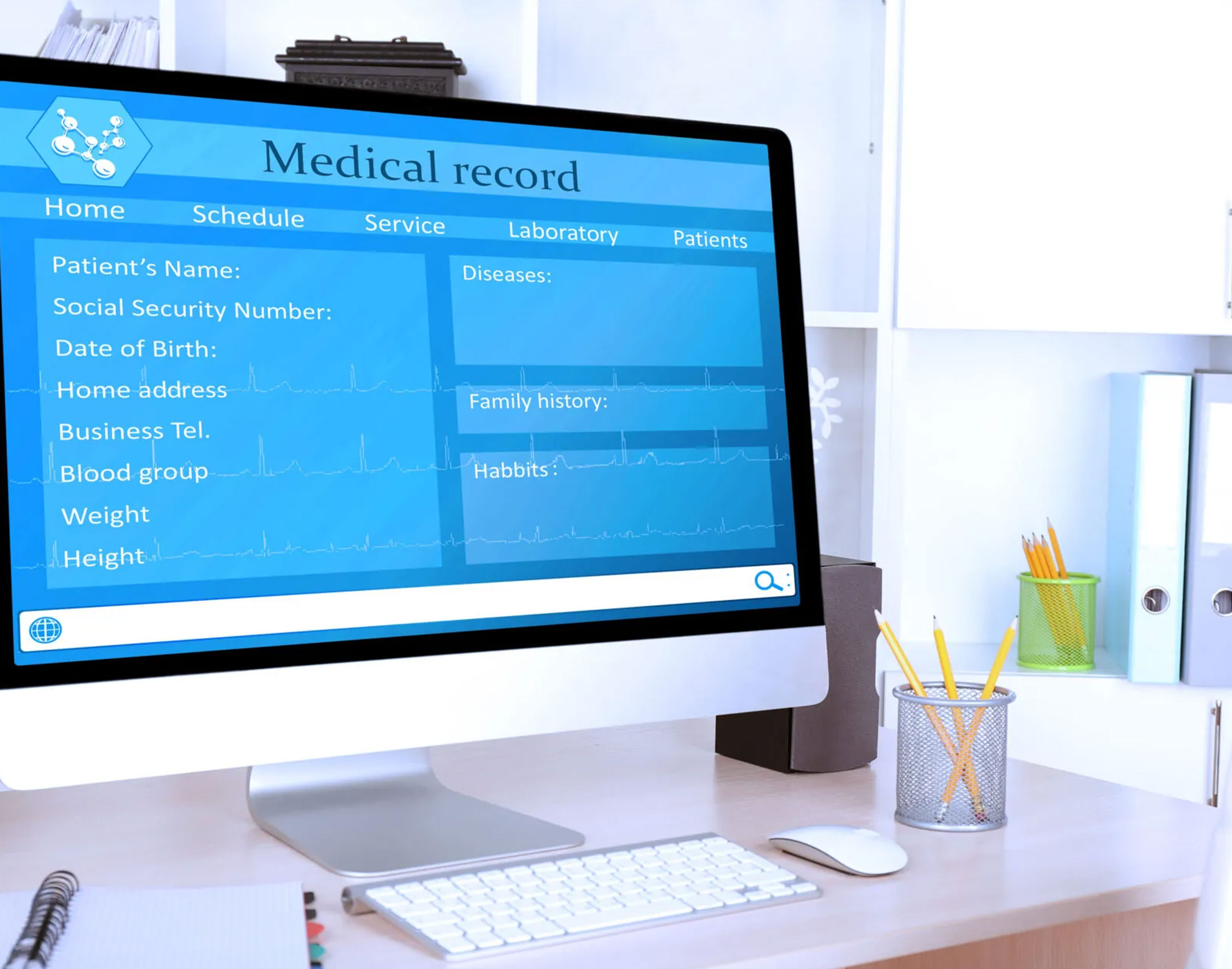 Medical professional with an orange stethoscope uses a digital tablet, overlayed with blue checklists and shield icons symbolizing healthcare and data management.
