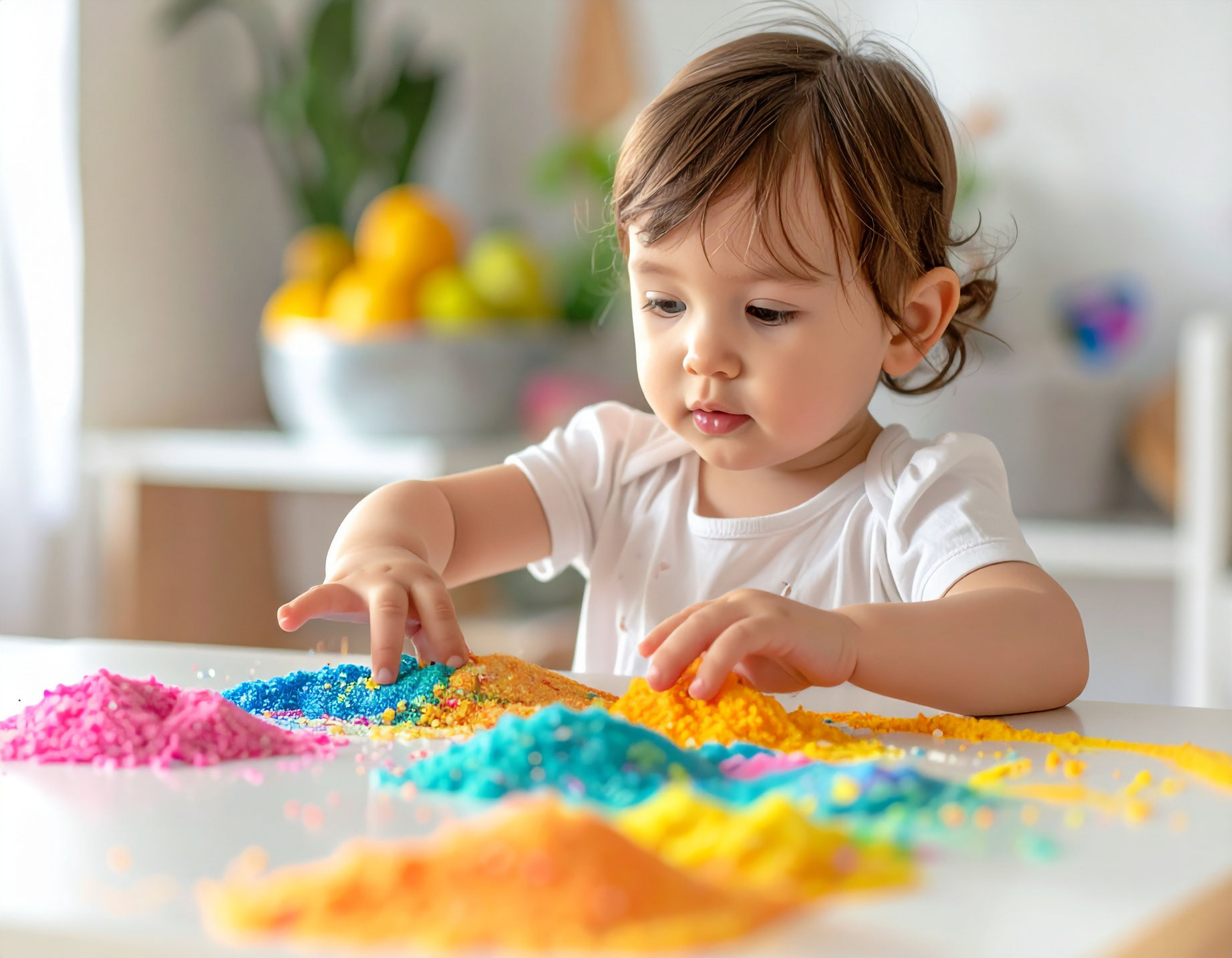 A young child playing with colorful sand, exploring textures and colors on a bright table in a well-lit room.
