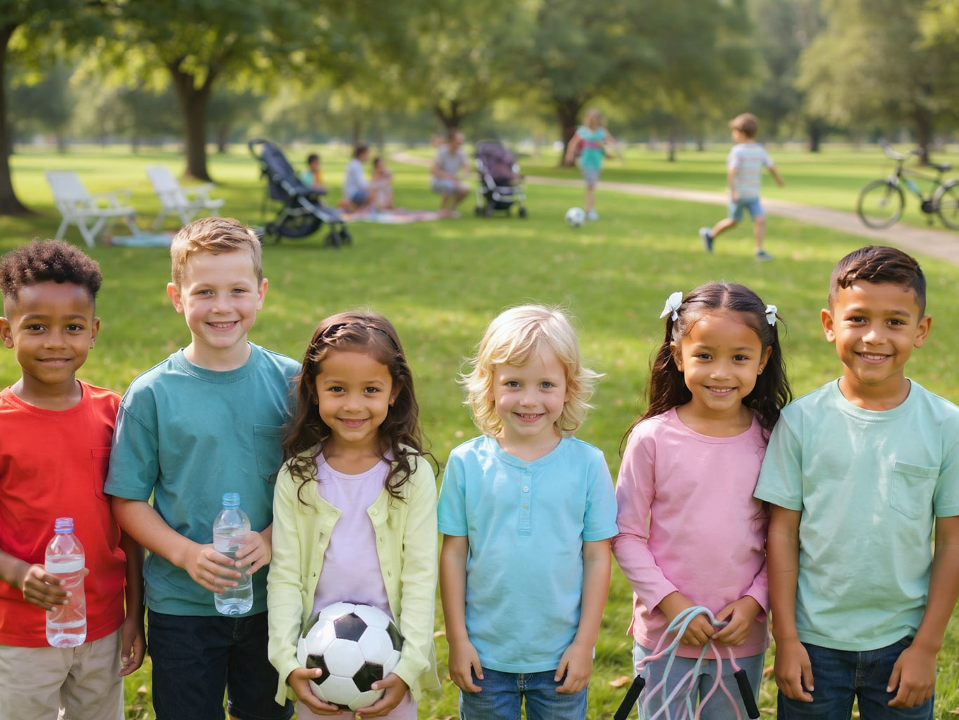 Six smiling children stand in a sunny park, one holding a soccer ball and two holding water bottles, with bikes and families behind them.