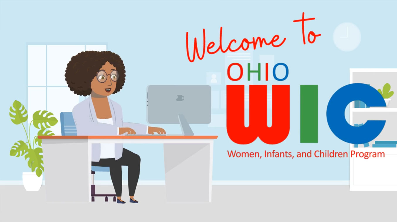 Illustration of a woman at a desk with a computer. Text reads Welcome to Ohio WIC, Women, Infants, and Children Program on a light blue background.