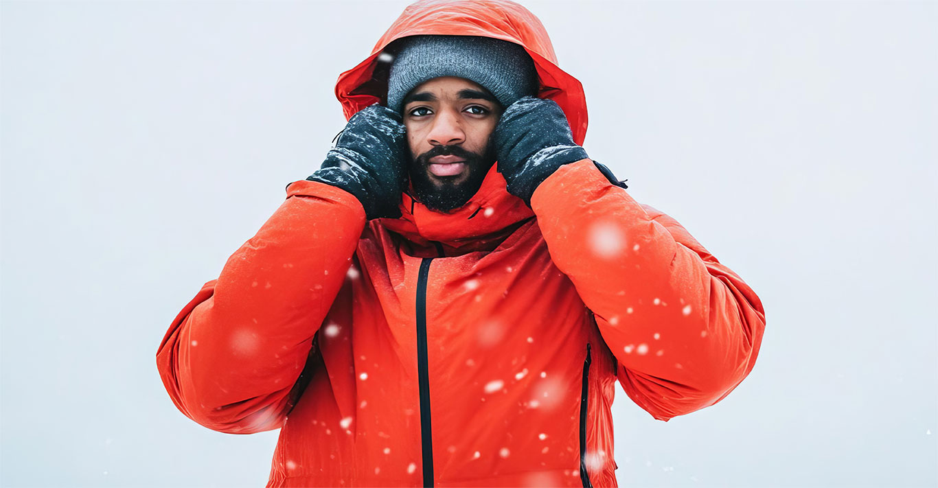 A man in a bright orange winter jacket and gray beanie stands in falling snow, adjusting his hood. The scene conveys a sense of cold with a serene mood.