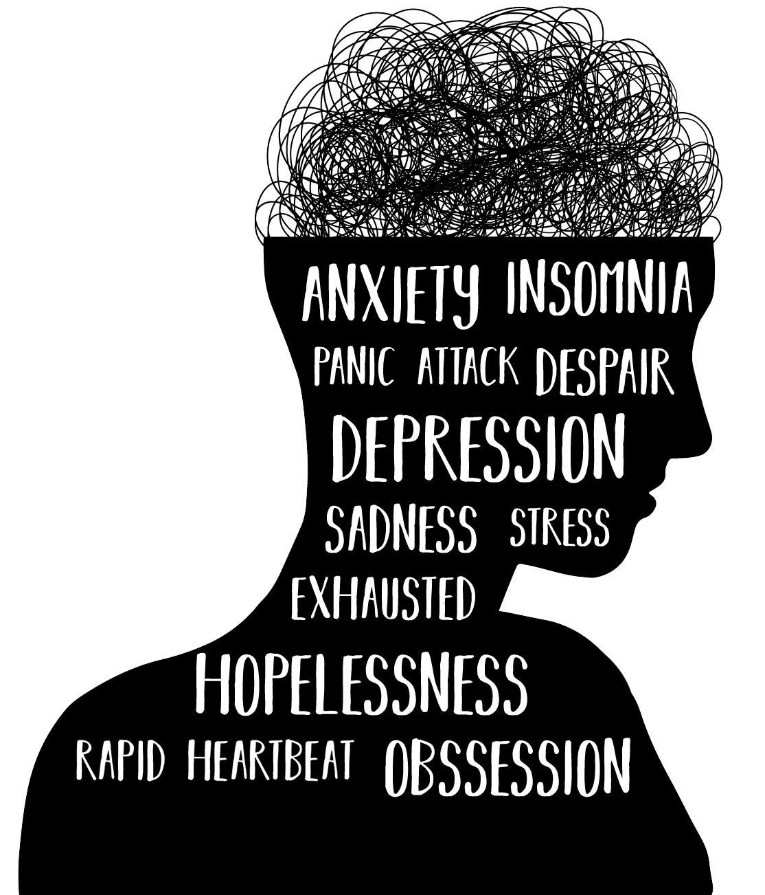 Silhouette of a head filled with tangled lines, representing mental chaos. Words like "anxiety," "depression," and "stress" convey emotional distress.