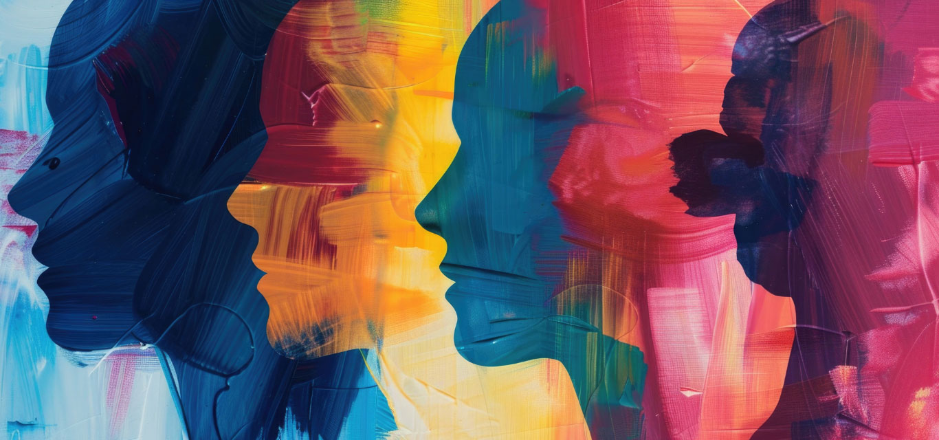 Abstract painting with overlapping silhouettes in blue, red, and yellow hues. The vibrant colors convey a sense of diversity and unity.