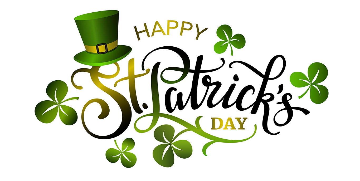 The image features the text "Happy St. Patrick's Day" with a green leprechaun hat and several green shamrocks surrounding the words.