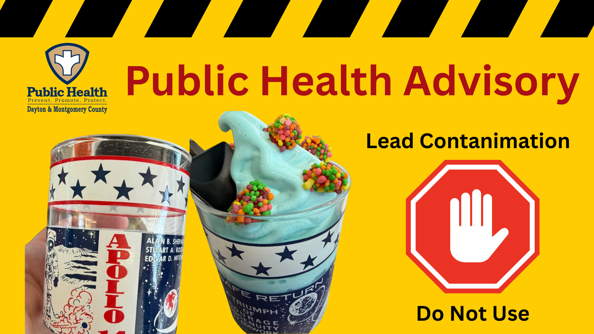 Public health advisory image with yellow background and hazard stripes. Two themed cups shown. Text warns of lead contamination. Urgent tone.